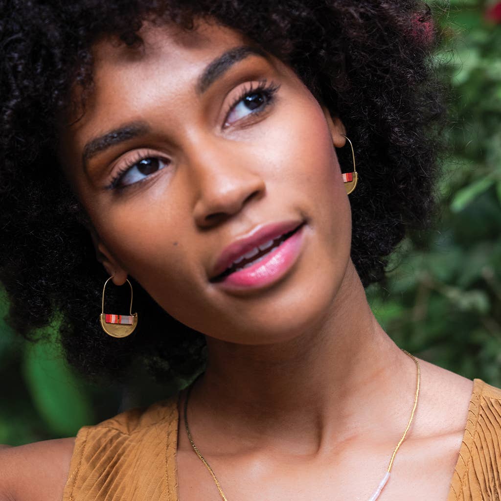 Model wearing Miyuki Crescent Hoop Earrings - Playful Modern Design with pink multi and gold beads. Lightweight, modern jewelry for everyday wear.