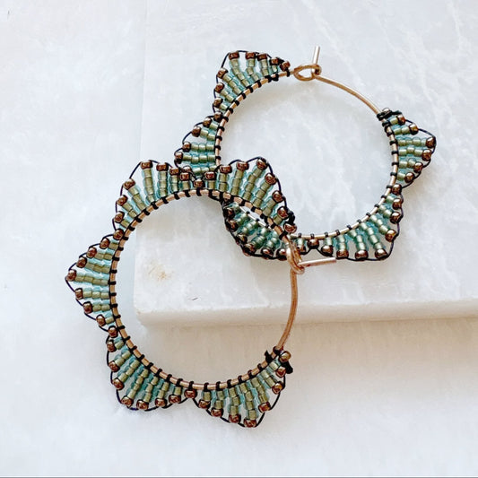 Green Beaded Brass Hoop Earrings***