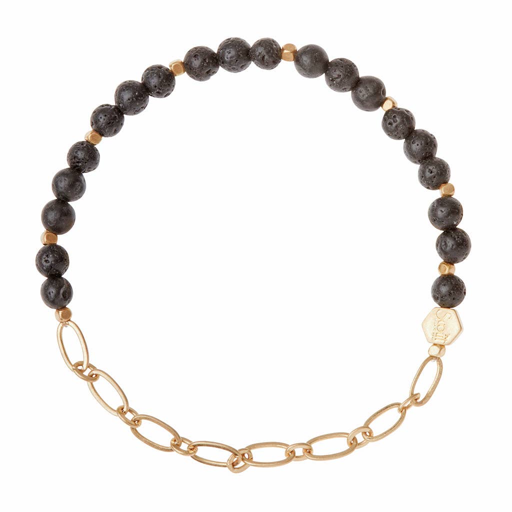Lava Stone Bracelet with Chain - Strength | Modern Design featuring black lava beads and gold chain link, ideal for stacking and versatile wear.