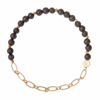 Lava Stone Bracelet with Chain - Strength | Modern Design featuring black lava beads and gold chain link, ideal for stacking and versatile wear.