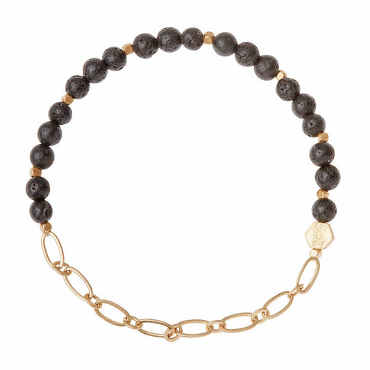Lava Stone Bracelet with Chain - Strength | Modern Design featuring black lava beads and gold chain link, ideal for stacking and versatile wear.