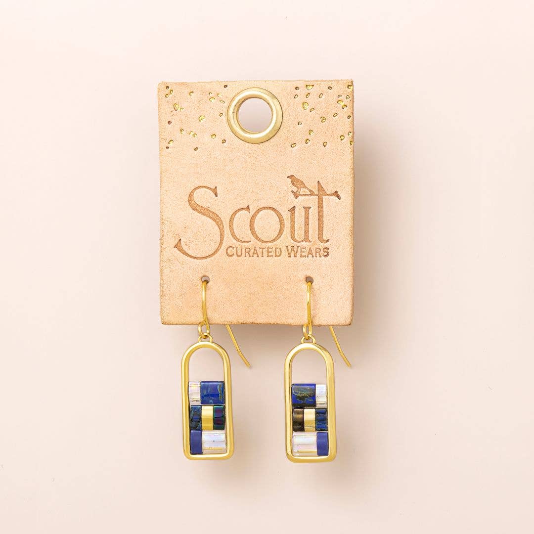 Miyuki Frame Earrings - Indigo/Gold displayed on Scout Curated Wears card, highlighting artisan craftsmanship and vibrant beadwork.