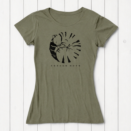 Olive green women's bamboo and organic cotton graphic T-shirt with a black rescue-themed shell design, casual style,