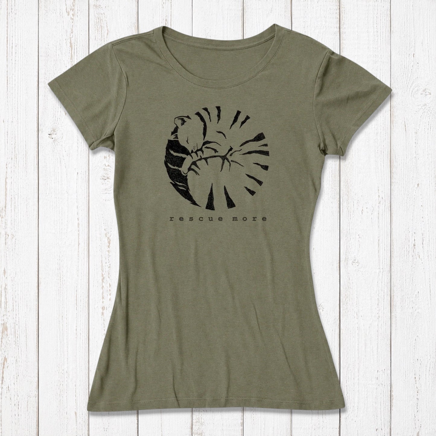Olive green women's bamboo and organic cotton graphic T-shirt with a black rescue-themed shell design, casual style,
