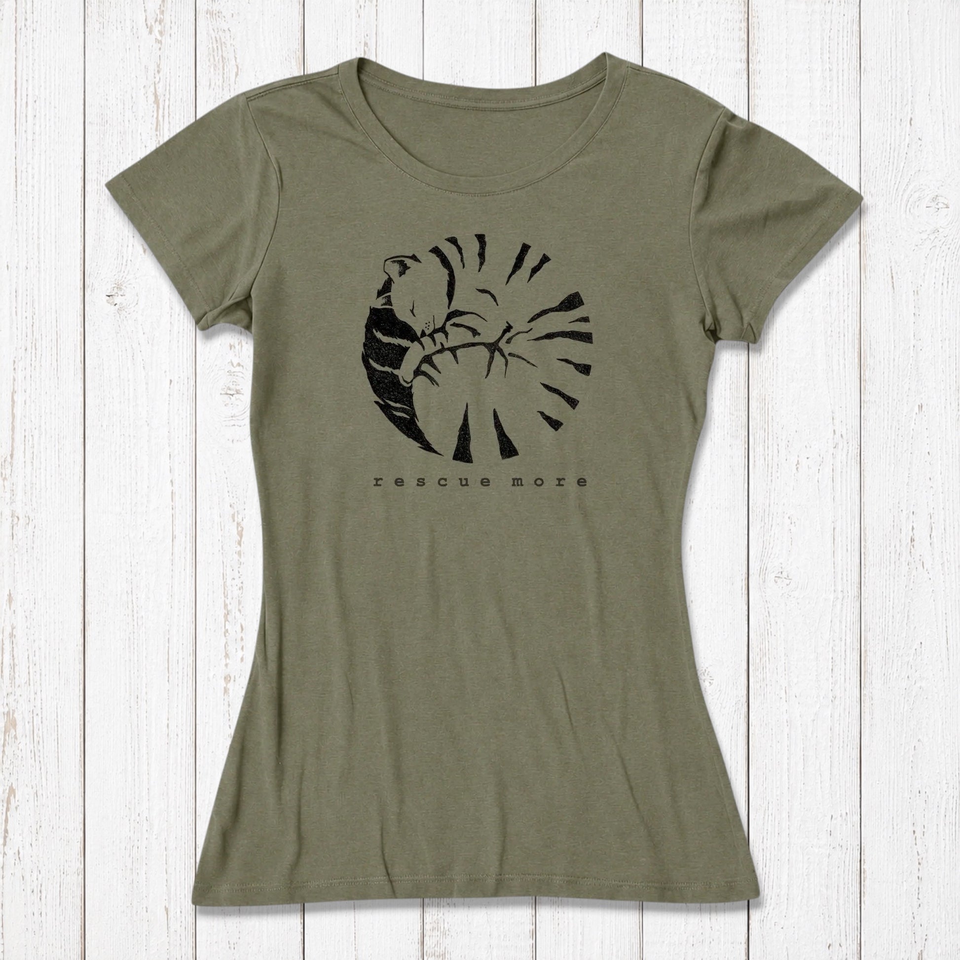 Olive green women's bamboo and organic cotton graphic T-shirt with a black rescue-themed shell design, casual style,