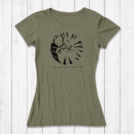 Olive green women's bamboo and organic cotton graphic T-shirt with a black rescue-themed shell design, casual style,
