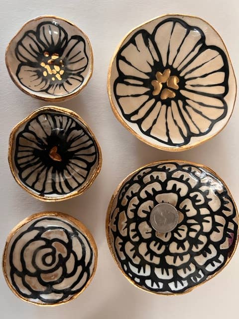 Handmade Floral Round Ceramic Catchall Gold Jewelry Dish 2 Hsieh Clay SF