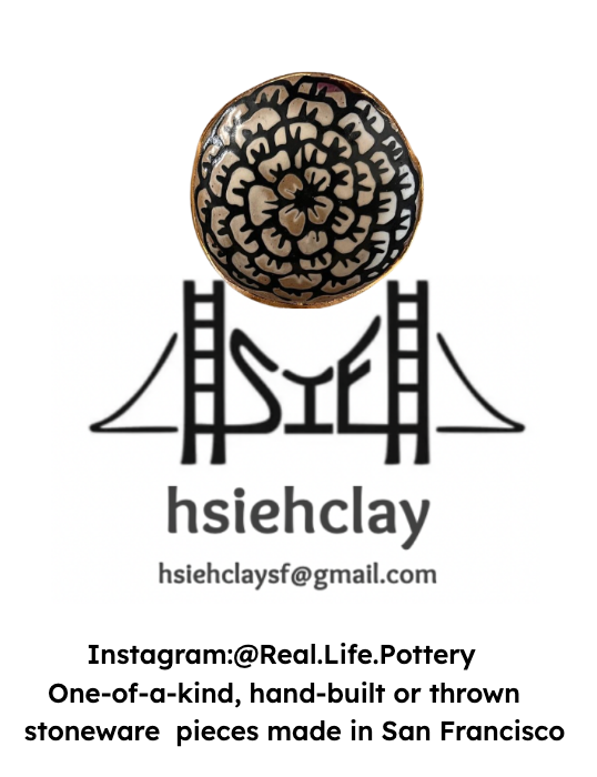Brand logo for hsiehclay featuring a floral ceramic piece and Golden Gate Bridge graphic, promoting handmade stoneware from San Francisco.