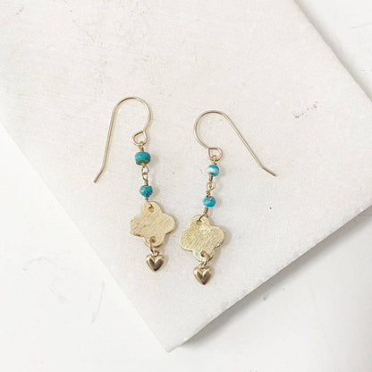 Turquoise chain earrings with brushed brass quatrefoil charms and gold heart drops, featuring dainty turquoise beads and gold-filled ear wires.