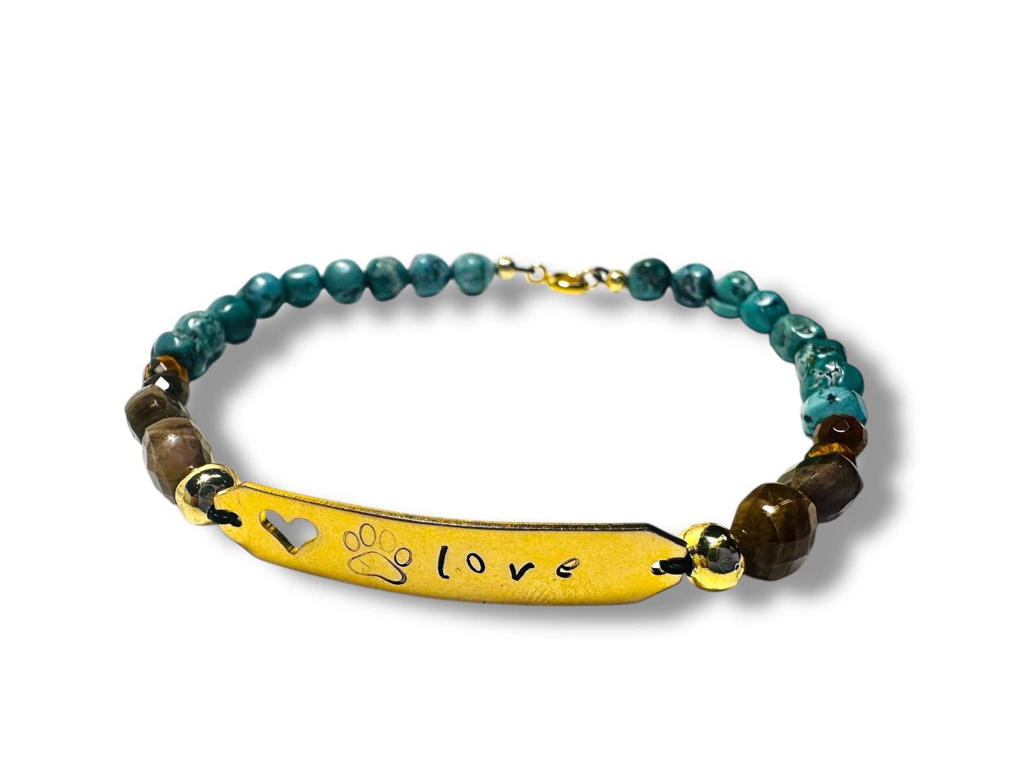 Turquoise and brown beaded bracelet with love tag