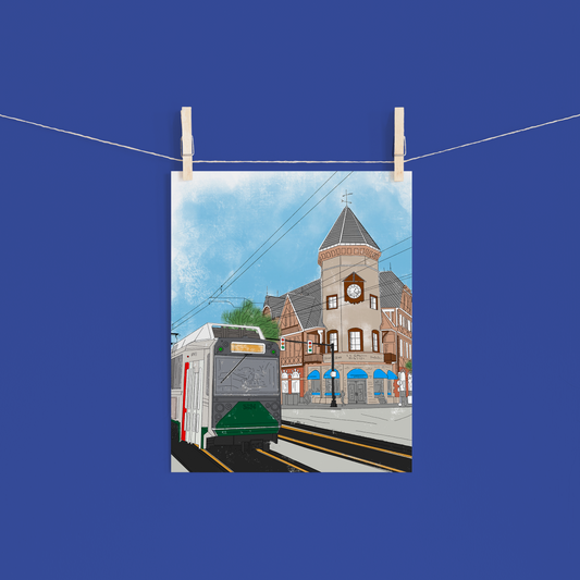 Coolidge Corner Art Print - 8x10 Matte Cardstock hanging on a line with clothespins, showcasing vibrant urban illustration perfect for art lovers.
