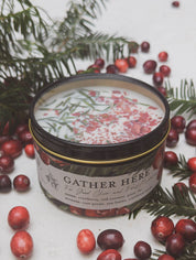 Gather Here Cranberry Pine Soy Tin Candle Rose Petal Yew