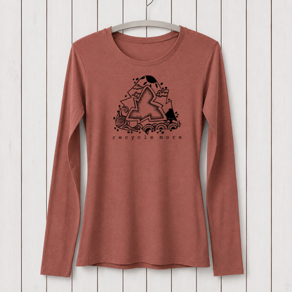 Long sleeve women's T-shirt in earthy terracotta color with black graphic design of a star, waves, and nature elements, featuring 'recycle more' text, made from sustainable bamboo and organic cotton fabric.
