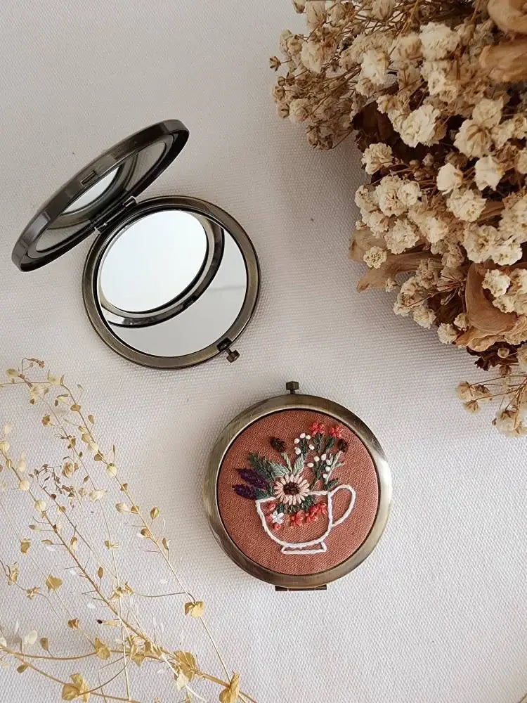 Sophia Collection Floral Compact Mirror with red teacup flower embroidery, stainless steel frame, perfect small gift for women.