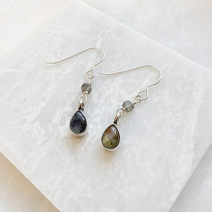 Labradorite drop earrings with silver accents for daily wear