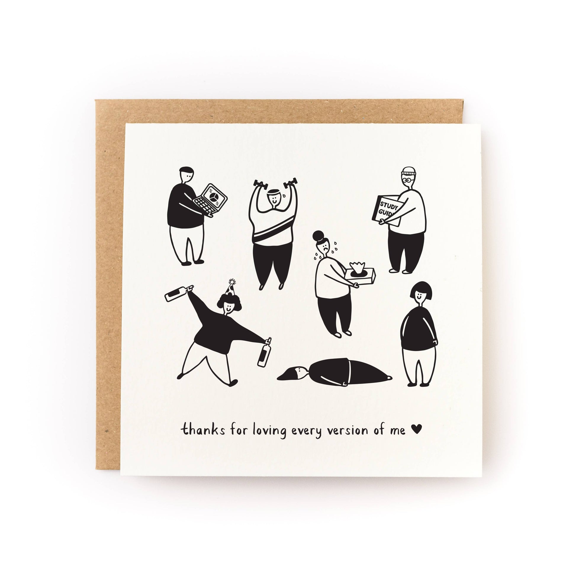 Valentine's Day card with playful black and white illustrations of people celebrating