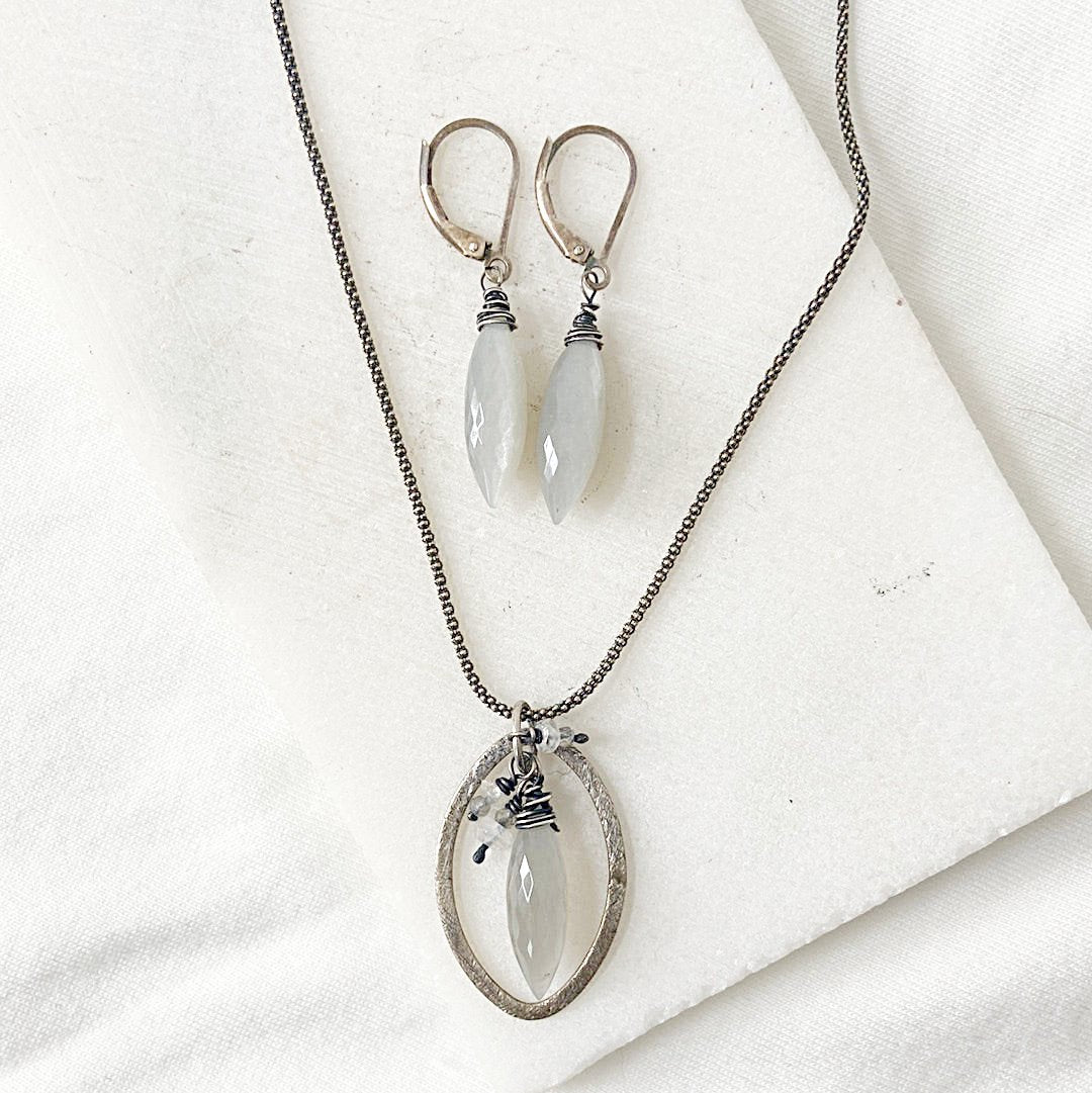 Sterling Silver Jewelry set featuring Moonstone Dagger Necklace and Earrings. Includes oval pendant with moonstone bead and matching drops.