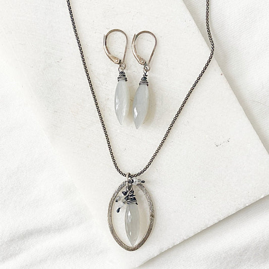 Sterling Silver Jewelry set featuring Moonstone Dagger Necklace and Earrings. Includes oval pendant with moonstone bead and matching drops.