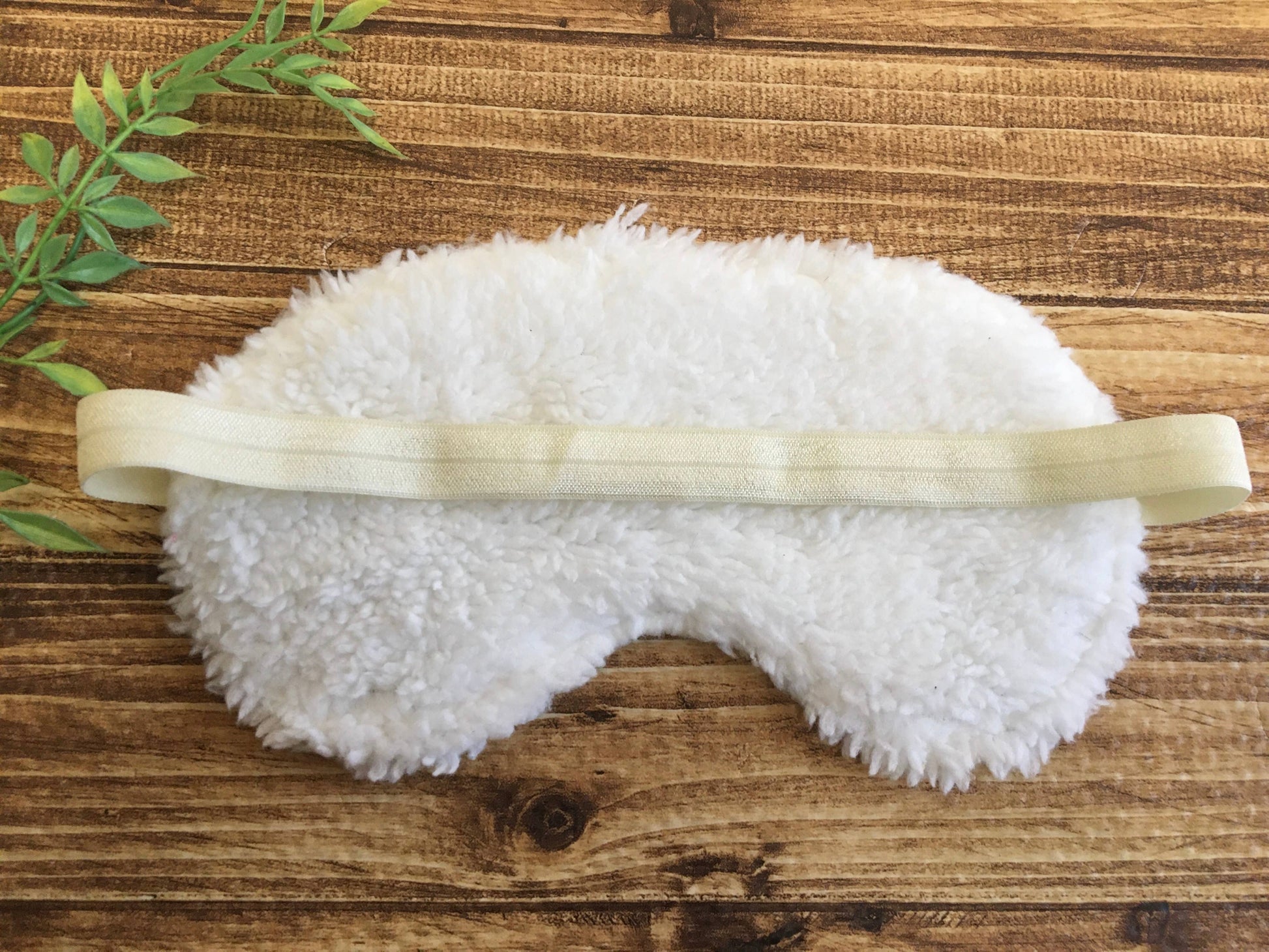 Back view of Sweet Dreams Night Owl sleep mask showing plush white minky fabric and elastic strap for a snug, comfortable fit.