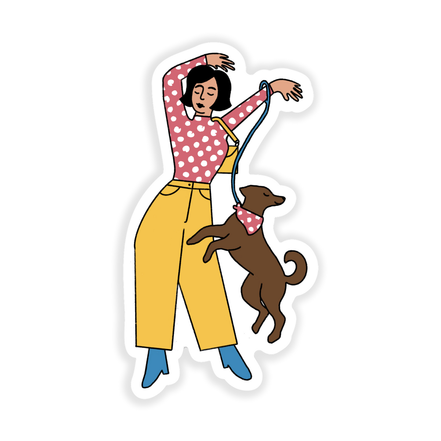Pansexual Pride Dog Sticker - Waterproof Decal showing a girl in yellow pants dancing with a brown dog wearing a pink bandana.