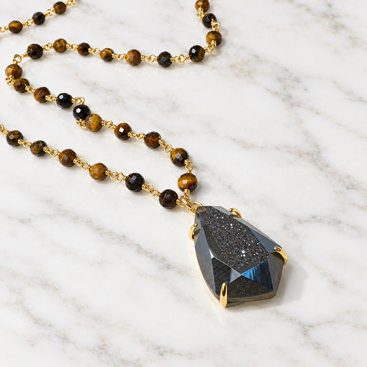Druzy Quartz, Tigereye Brass & 14K Gold Fill Necklace
