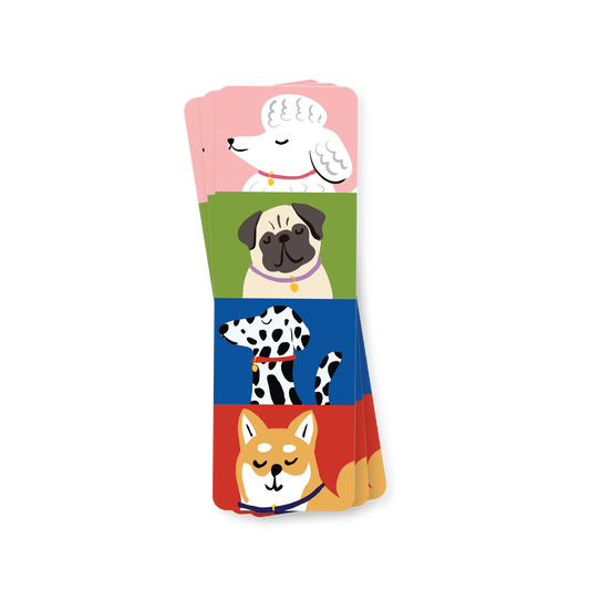 Copper & Print’s Dog Portrait Bookmark – Perfect Reading Companion features illustrated bookmarks of a white poodle (pink), pug (green), Dalmatian (blue), and Shiba Inu (red)—the ideal accessory for any dog-loving reader.