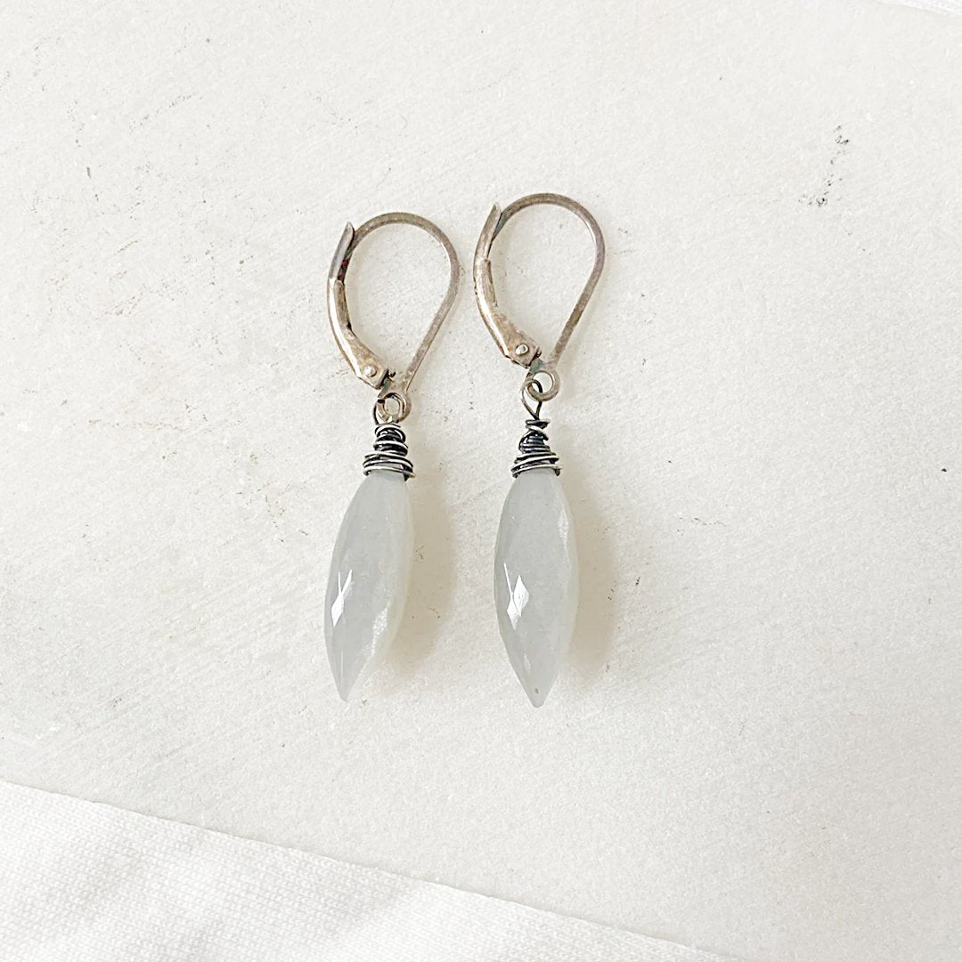 Detailed view of Moonstone Dagger Earrings with faceted moonstone beads and silver wire wrapping. Coordinates with Moonstone Dagger Necklace Set.