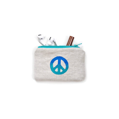 Peace Sign Blockprint Linen Coin Purse Gray Green Goods