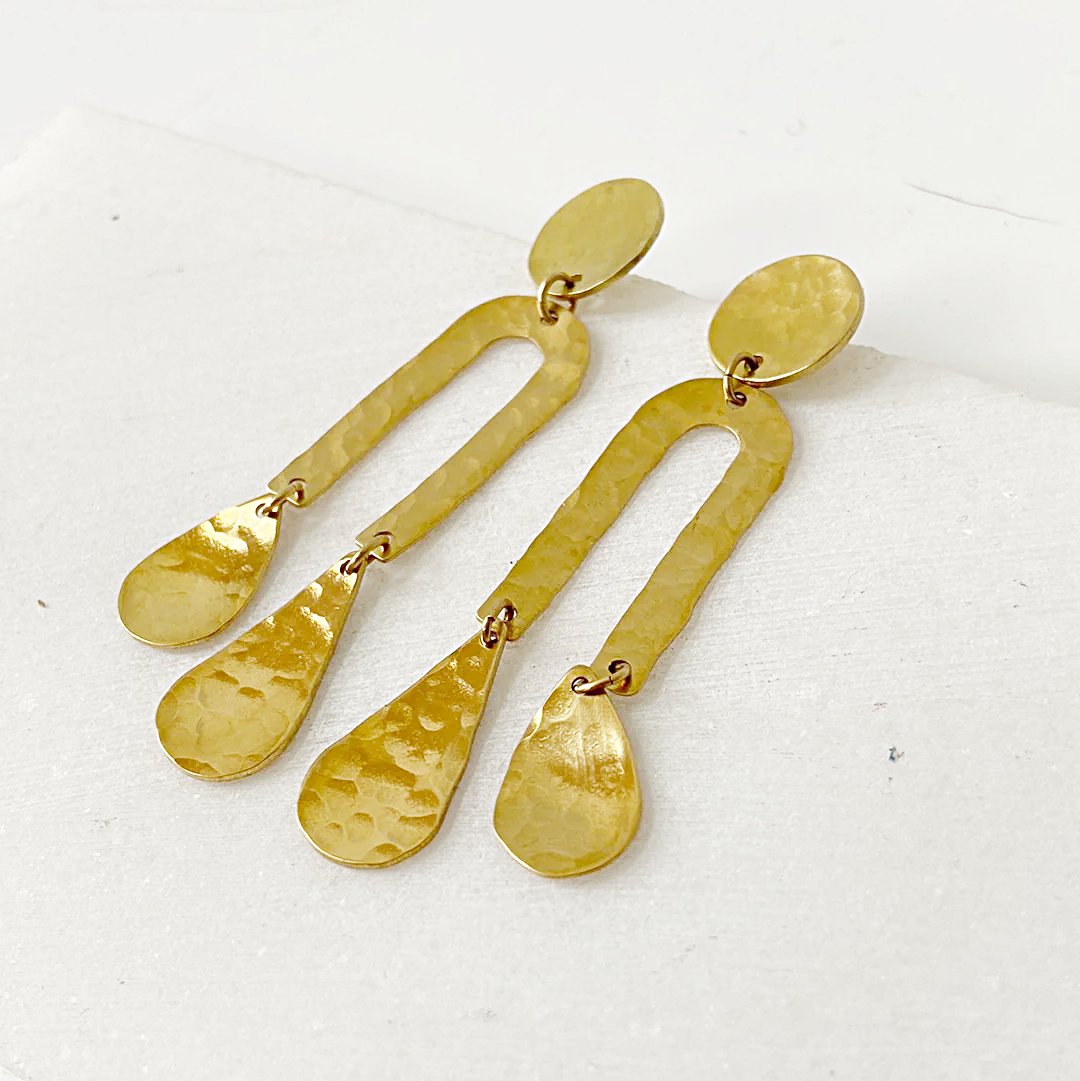 Rain Drops &amp; Moon Earrings // Brass Geometric Earrings Uni-T 