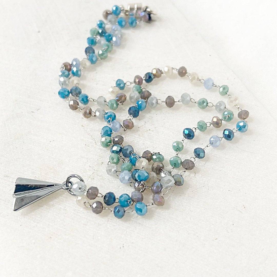 Paper Airplane Blue and Silver Necklace Regina McGearty