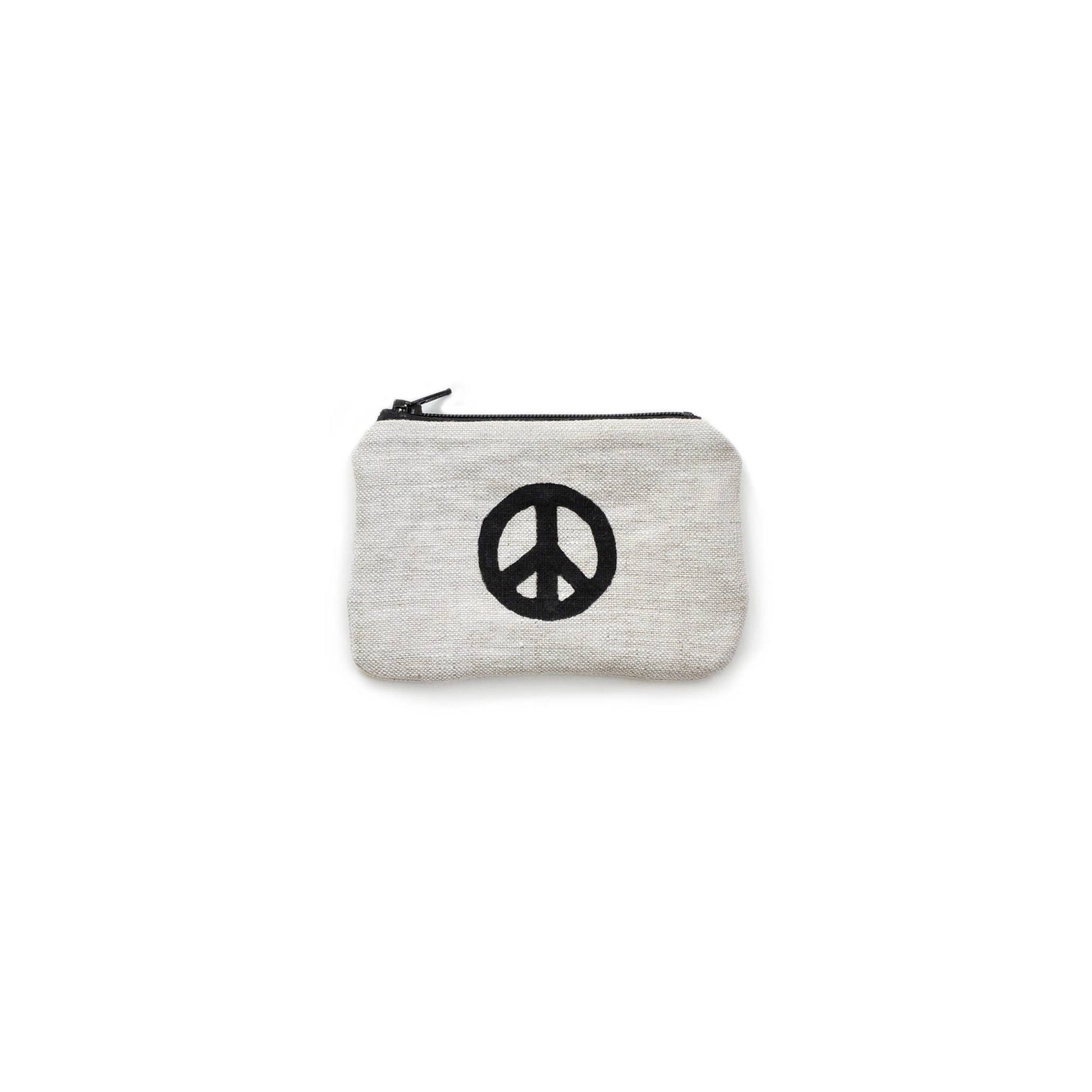 Peace Sign Blockprint Linen Coin Purse Gray Green Goods
