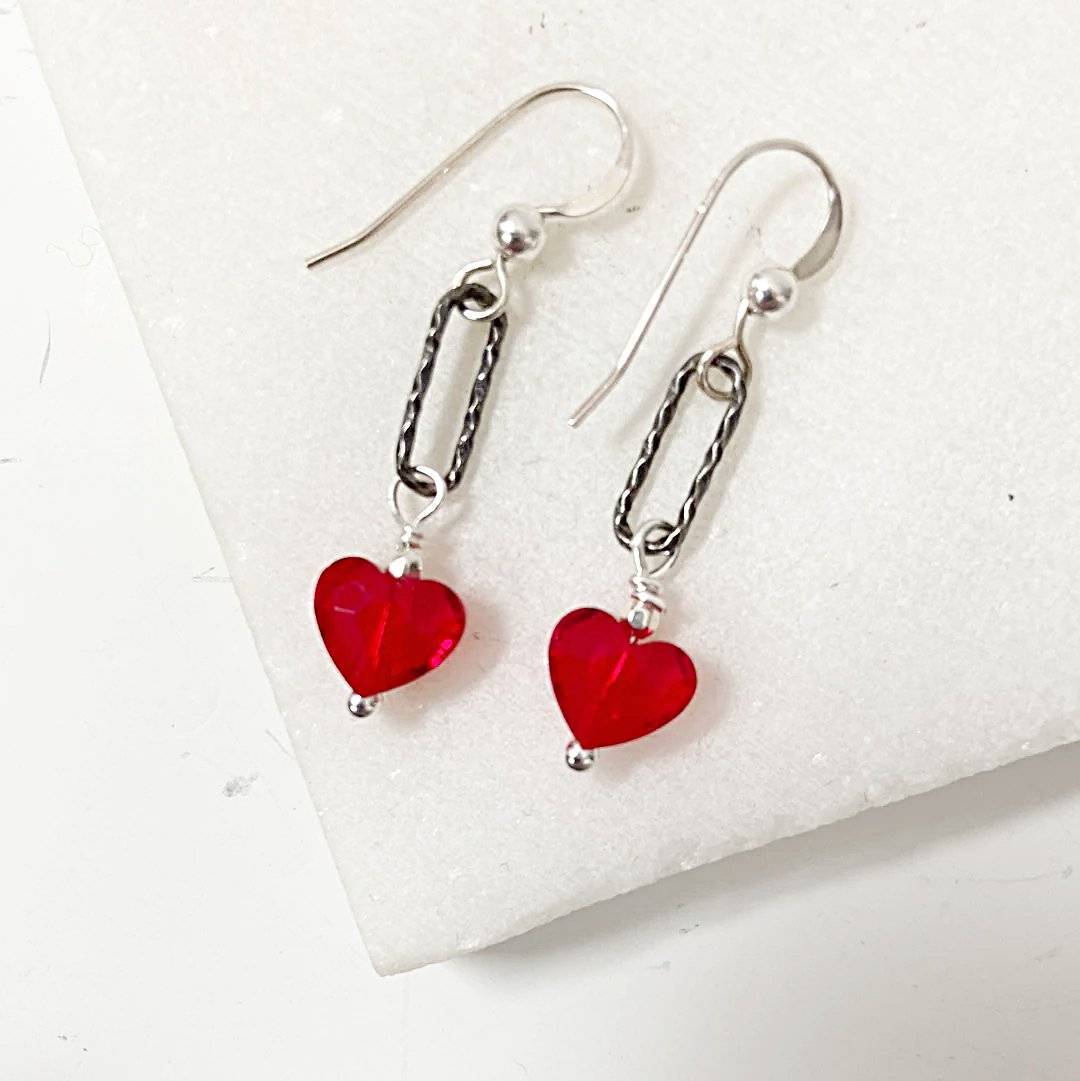 Red Heart Earrings - Standout Jewelry with Red Crystals featuring silver twisted links and bright red heart crystals, perfect for Valentine's Day gifts.