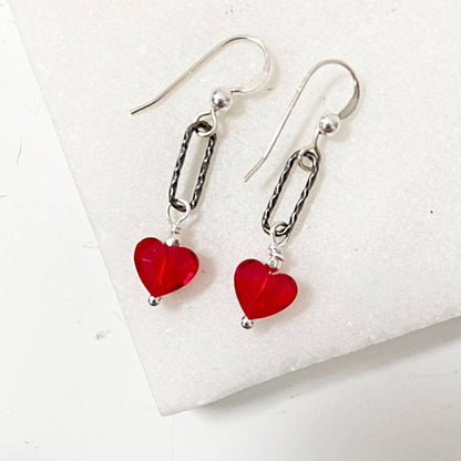 Red Heart Earrings - Standout Jewelry with Red Crystals featuring silver twisted links and bright red heart crystals, perfect for Valentine's Day gifts.