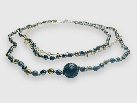 Beaded Adjustable Gemstone Necklace -Hematite and Lava Rock*