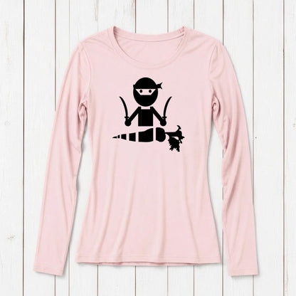 Light pink long sleeve T-shirt with a black ninja character holding two swords, made from bamboo organic cotton, casual plant-based apparel