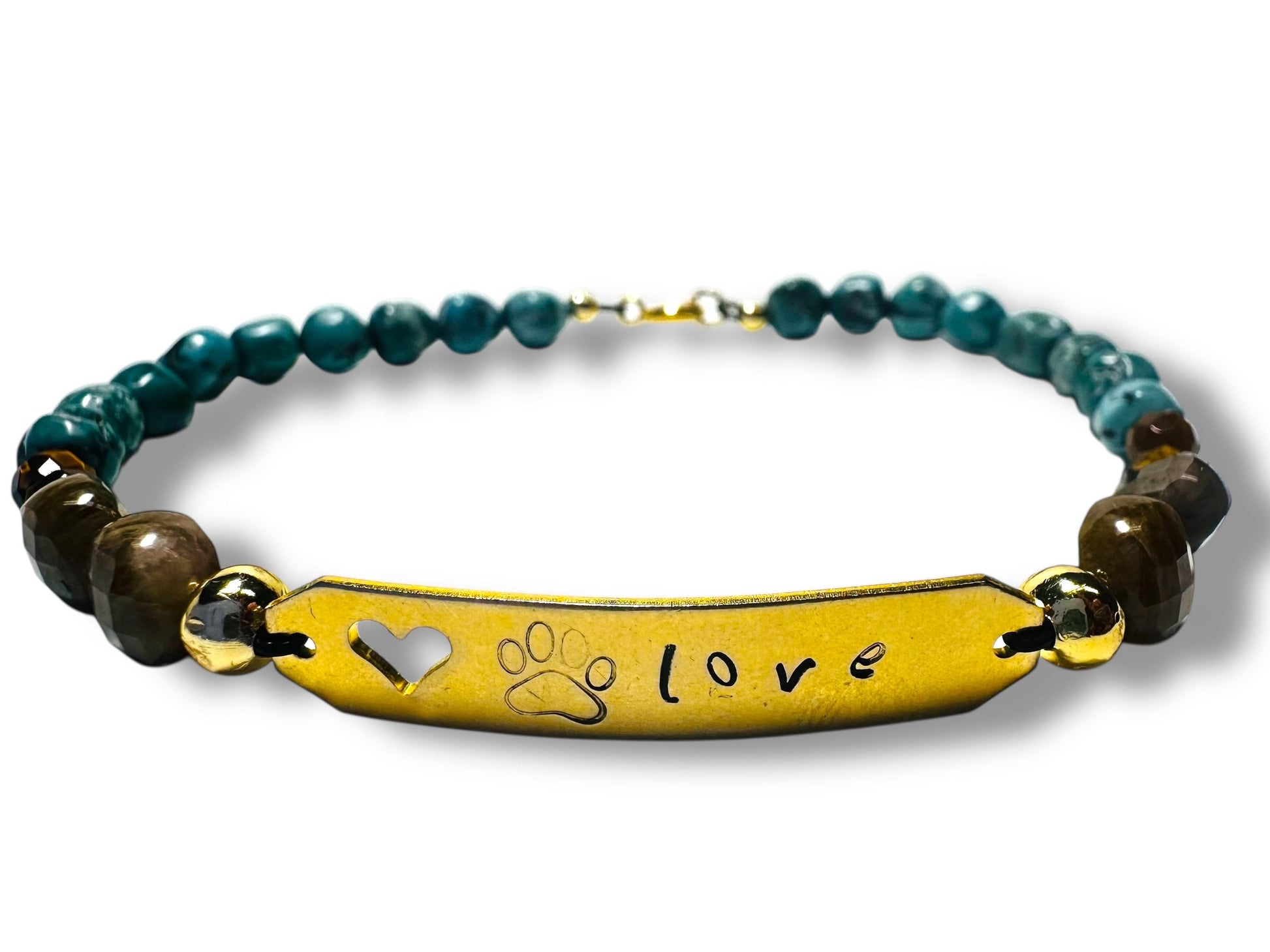 Turquoise Paw Bracelet with gold love tag