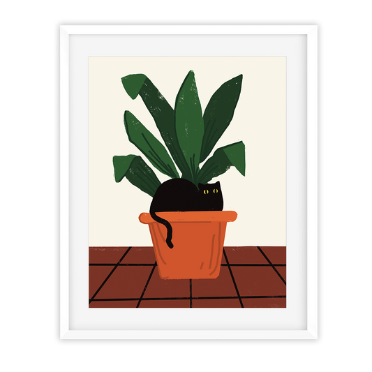 Animals Black Cat Art - Smooth Matte Print | 8x10 Unframed featuring a black cat curled in a terracotta pot with green leaves on a tiled floor.
