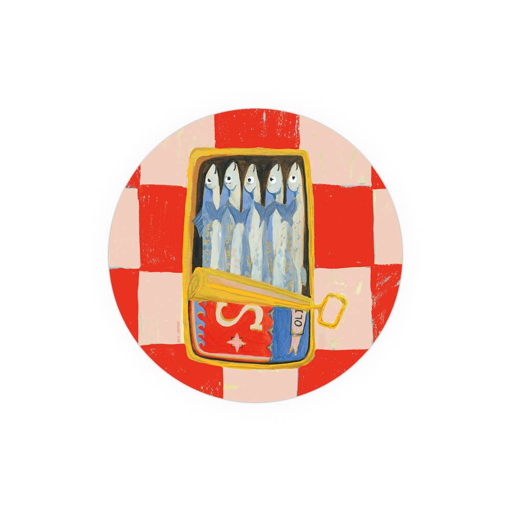 Close-up of Sardines Seedlings Coaster featuring a sardine tin design on a red checkered background, ideal for kitchen and dining decor.