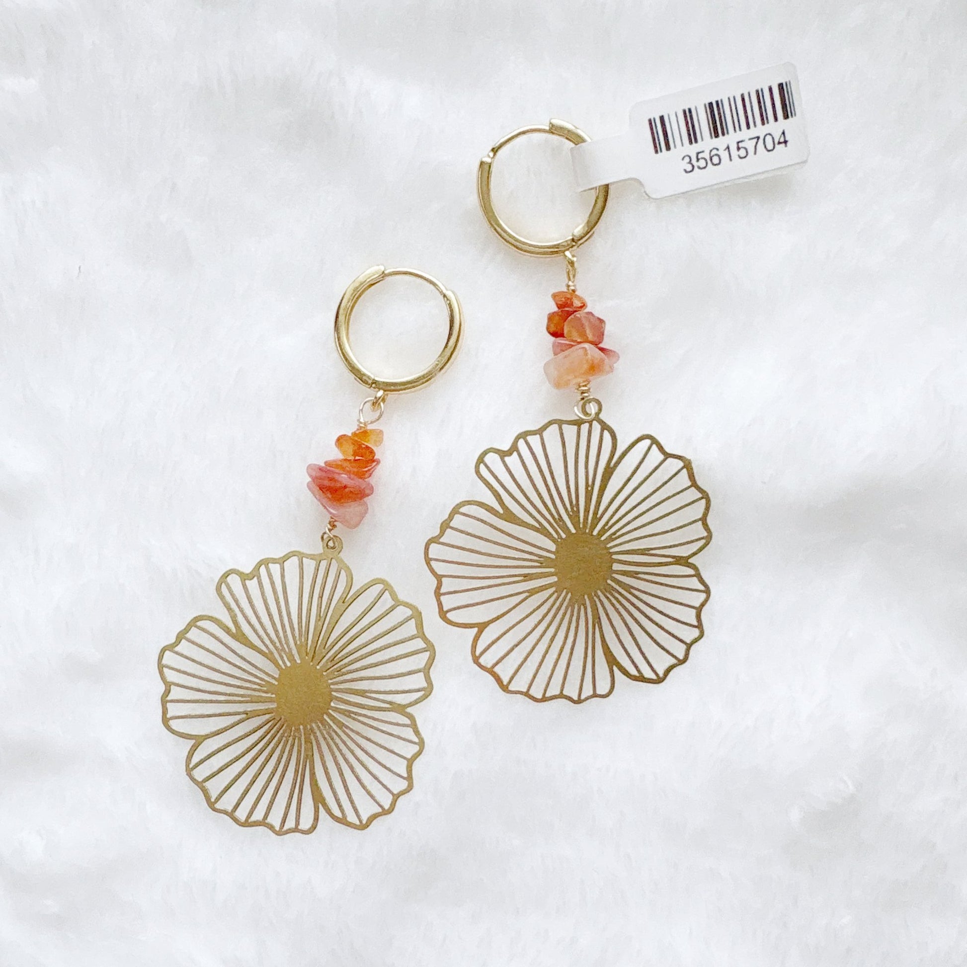 Gold floral earrings with carnelian beads