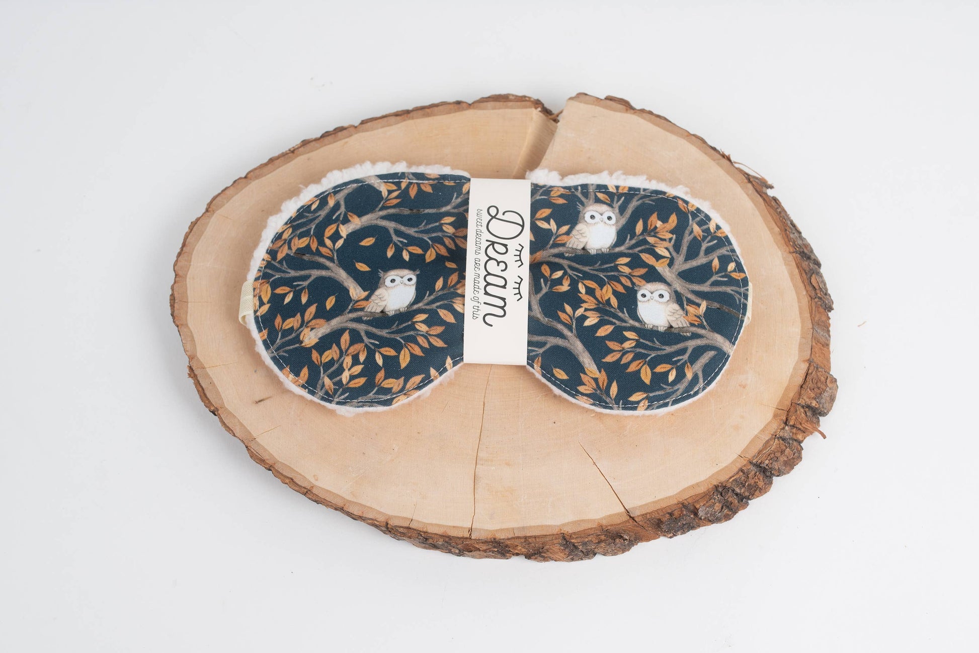 Holiday sleep mask Sweet Dreams Night Owl edition, with cozy cotton front and owl pattern, perfect for gifting and nighttime comfort.