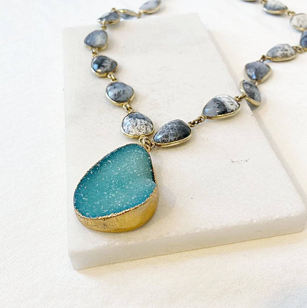 Druzy in Brass with Dendrite Opal with Gold Fill Chain Necklace Regina McGearty
