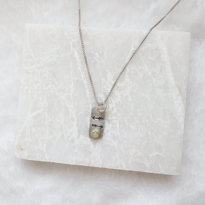 Opal Arrow Tag Necklace on chain with engraved arrows and gemstone