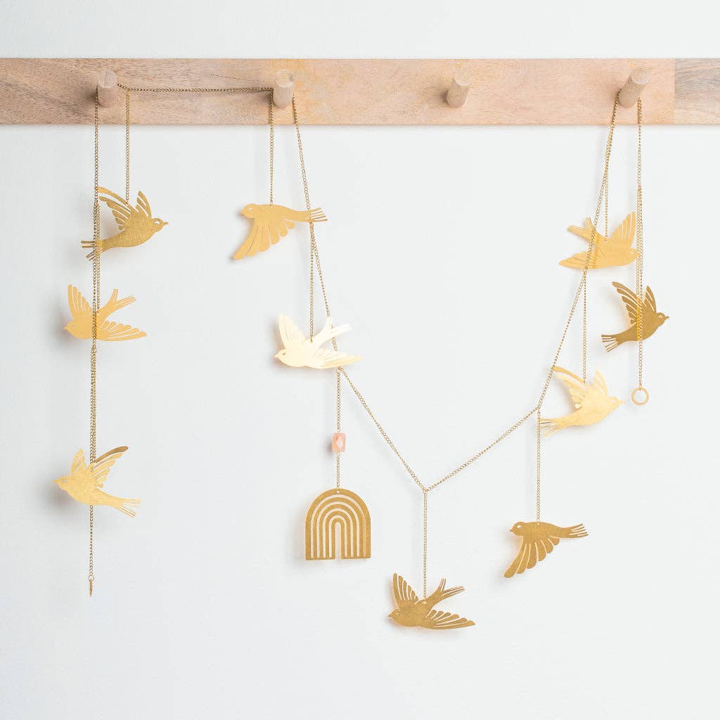 Brass Sunstone Garland - Handcrafted | Semi-Precious Stone bird-themed hanging decor with rainbow charm, ideal for home wall accents.