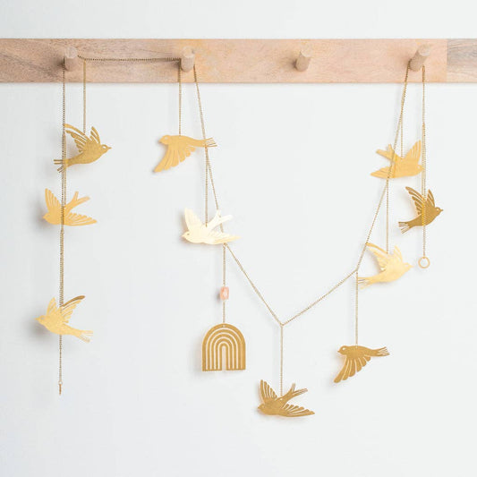 Brass Sunstone Garland - Handcrafted | Semi-Precious Stone bird-themed hanging decor with rainbow charm, ideal for home wall accents.