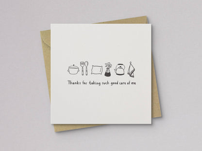 Thanks For Taking Care of Me Thank You Card with kitchen icons and envelope