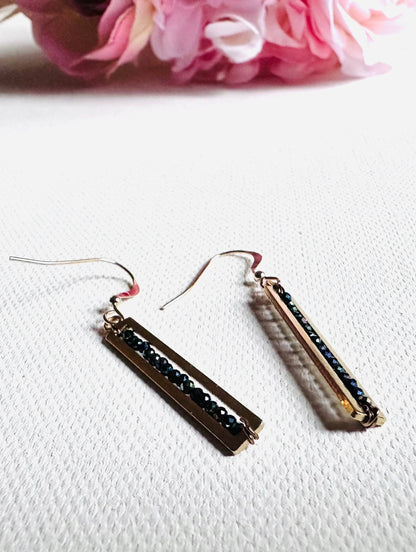Dark blue Gemstone Bar Earrings-Uni-T with shimmering beads set in gold-plated bars. A bold and stylish accessory for any outfit.
