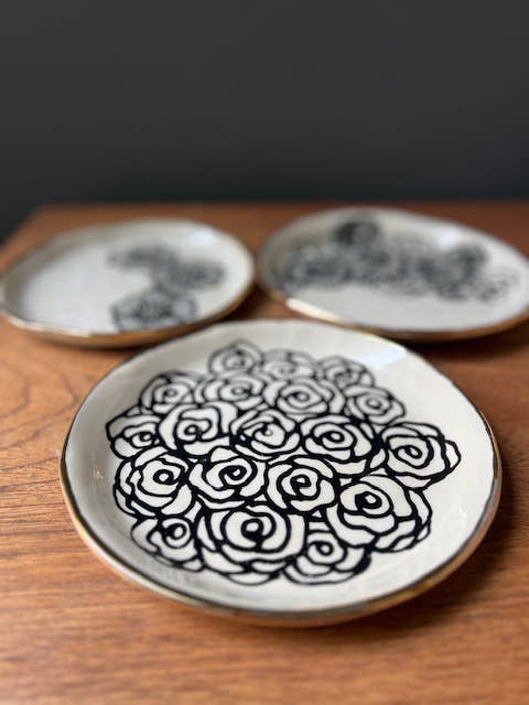 Handmade Floral Round Ceramic 7 Dish with 22K Gold Accents Hsieh Clay SF