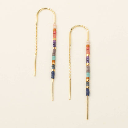 Miyuki Thread Earring - Dark Multi Gold features colorful glass beads on a gold threader with a 2.1-inch drop, ideal for modern jewelry lovers.