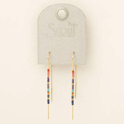 Miyuki Bead Earrings Dark Multi Gold displayed on Scout packaging, showcasing vibrant beadwork and sleek gold thread design for retail presentation.