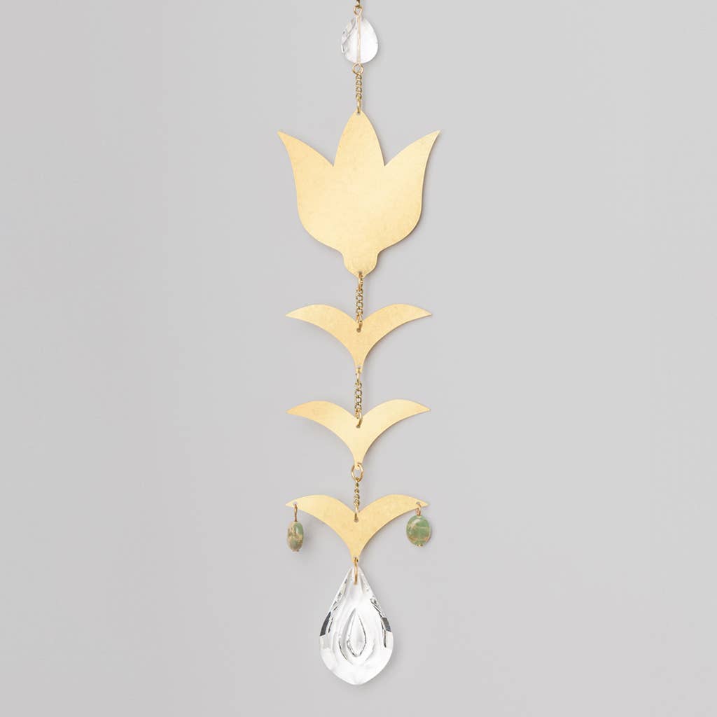 Blooming Flower Aqua Terra Suncatcher featuring brass floral design, crystal drop, and semi-precious stones for home window decor.